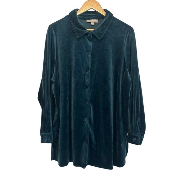 Woman Within Tops - Women's 22/24 Teal Blue Soft Cozy Loungewear Button-Up Casual Velvet PLUS Top